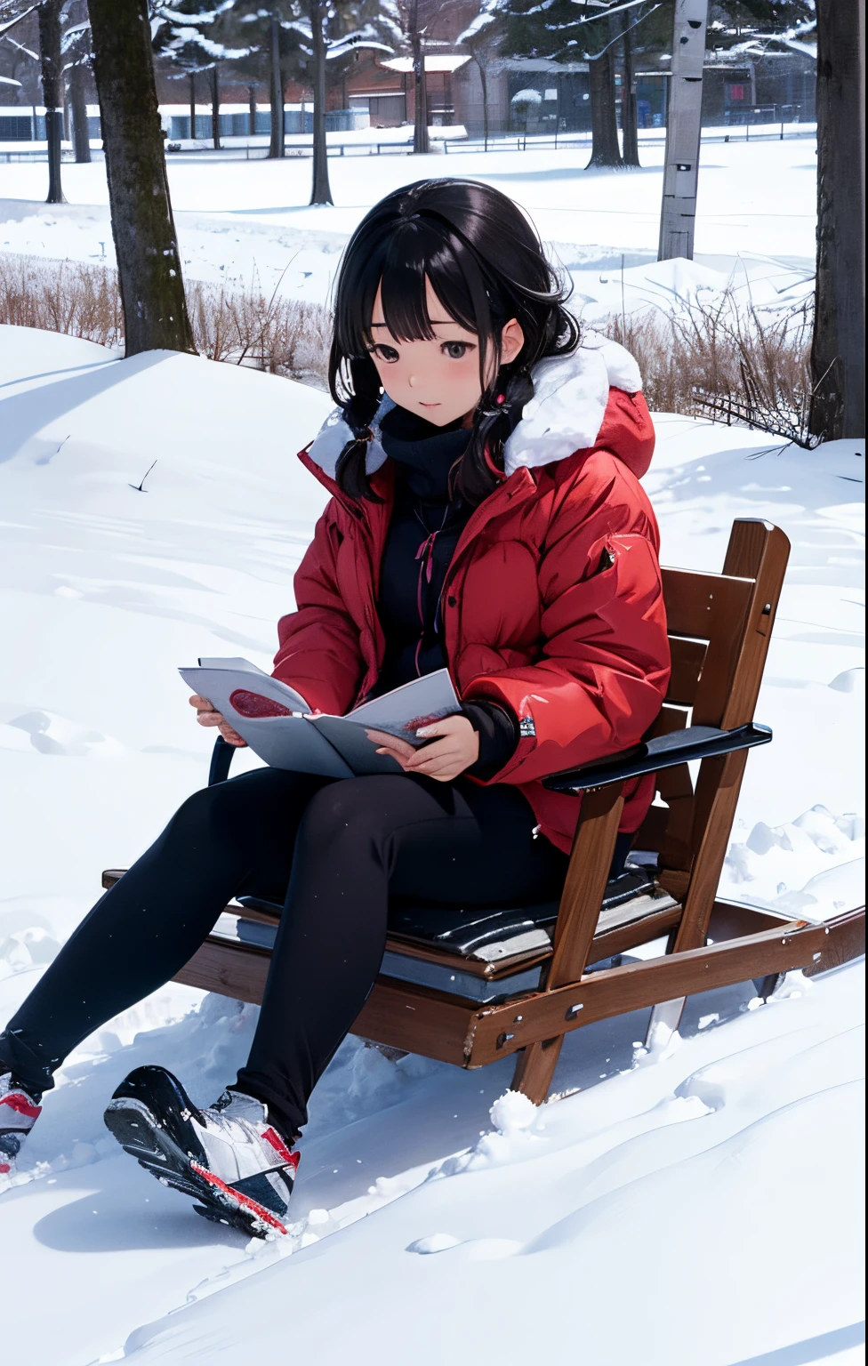 masutepiece, Best Quality, hight resolution,Anime girl sitting on a children's sled in the snow with trees in the background, In the snow, in snow, (Snow), at winter, yuruyuri, akiko takase, winter snow, Illustration!, snowy day, Inspired by Miwa Komatsu, lain iwakura, yuru camp, tsugumi ohba, snow snow, aya takano color style,Beautiful breasts