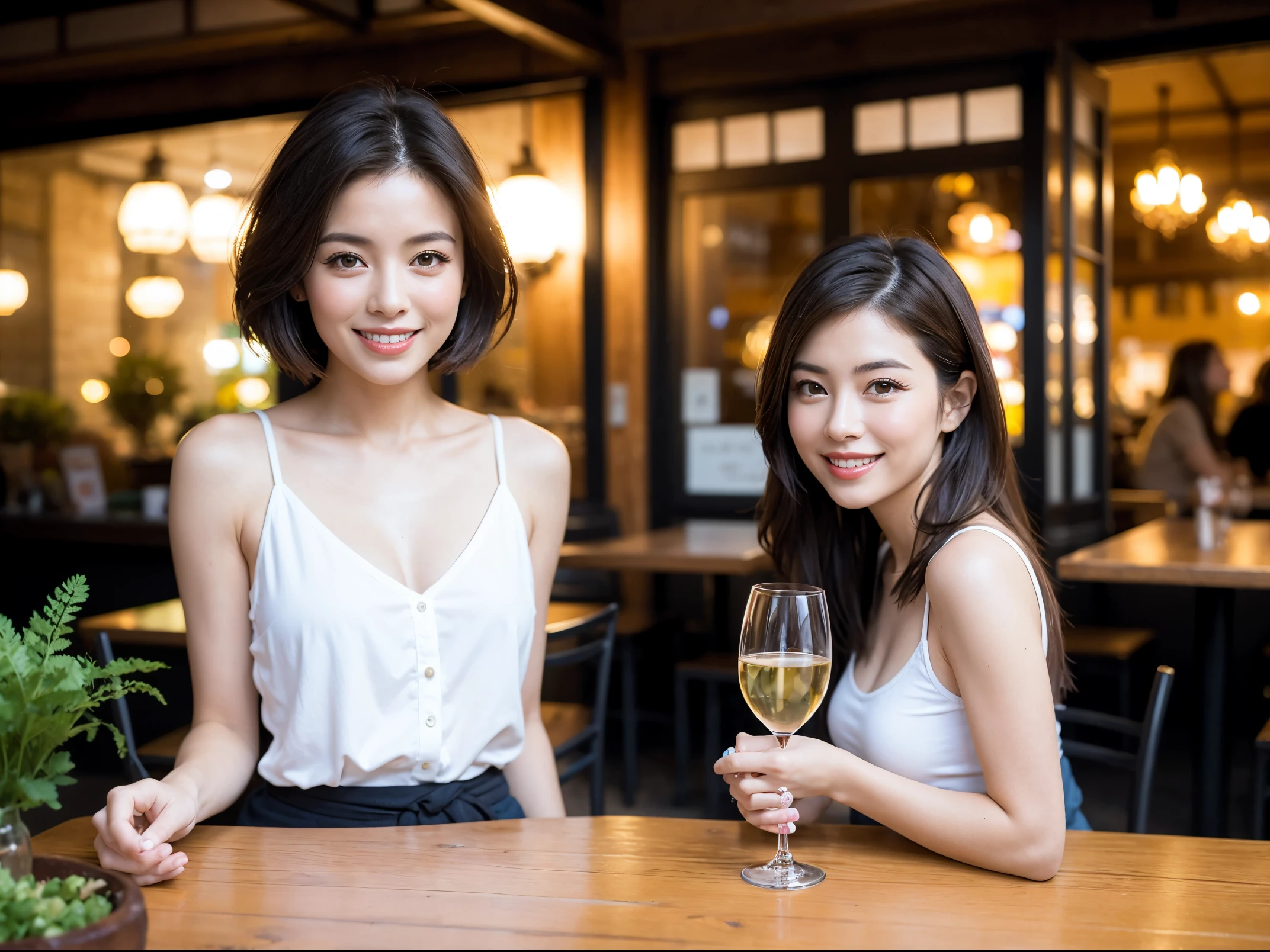 (64k uhd, nffsw, of the highest quality, masutepiece: 1.2), (Realistic, Photorealistic: 1.37), Pretty Woman 1, (Slim Face), (Slim body), (Brown hair), (short-cut), cheeks blush a little, (40 years old), 38 years, Solo, A beautiful and detailed night view spreads out outside the window........., restaurant, Sitting in a wine glass, At night, In a prominent place (from waist up) NovaFrogStyle, actress, Model, waist-up, white wine, slim, wine glasses, Super clean night view, Wine glass placed in the middle, Happy smile, (Smile: 1.15), Beautiful fine eyes, Upper body, Bust Japan Up, Night, Short, Short, actress, Model, waist-up, white wine, slim, wine glasses, Super clean night view, Wine glass placed in the middle, Happy smile,