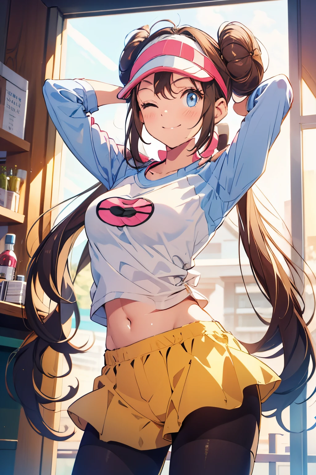 ro1, hair bun, smile, one eye closed:1.8, arms behind head:1.4, navel, long hair:1.4, visor cap, pantyhose, raglan sleeves, yellow shorts, shirt, pink bow, blue eyes, twintails