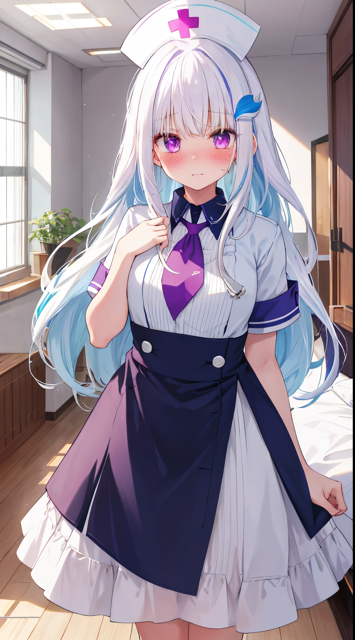 One girl with long hair, bangs, white hair, blue inner hair:1.25) , purple eyes, looking at viewer, blushing, embarrassed, (embarrassed:1.2), white nurse, nurse hat, indoor, bedroom, slim, dizzy, mid-chest, wide hips, perfect waist, day atmosphere, hair ornament, standing,
