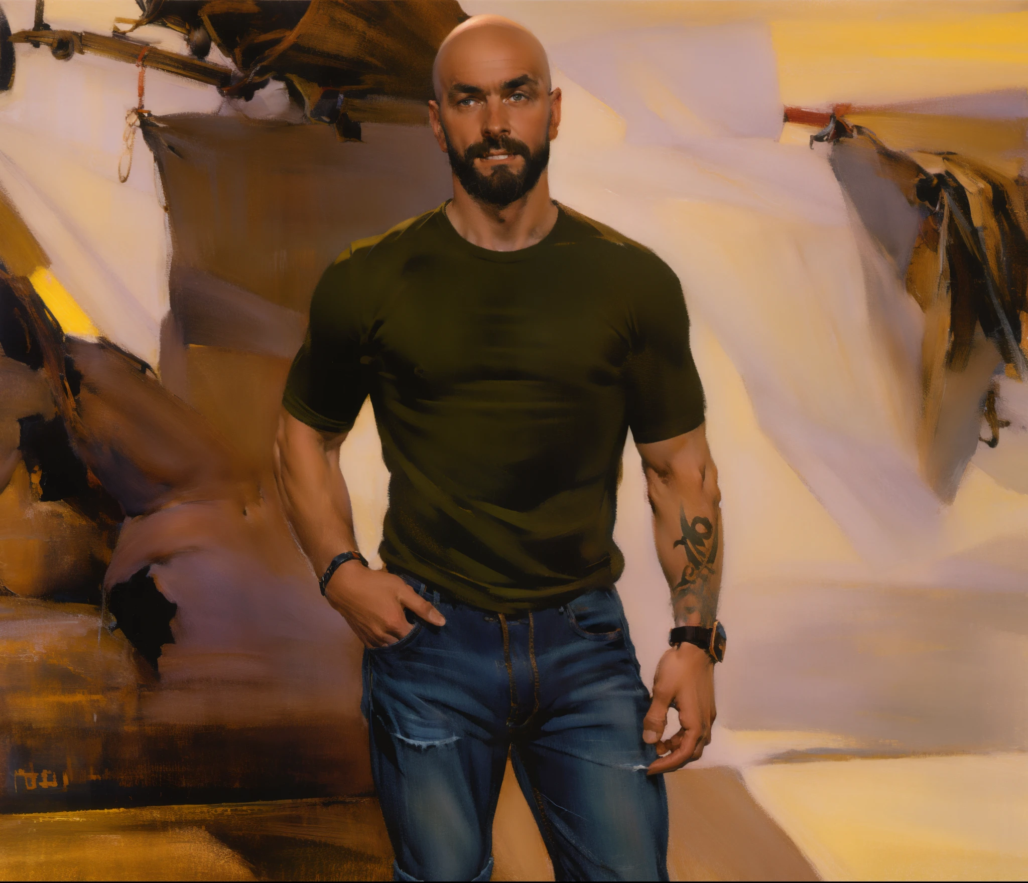 character sheet, dilf, short beard, bald, lean body, tattoos, skater shoes, early 40's, wrist watch, white socks, converse sneakers, loose cargo jeans, hunter green shirt, standing, handsome, gentle expression, slim tall build, white male