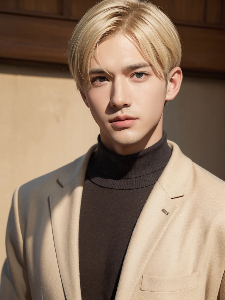a handsome,Young men, Realistic and exactly the same short blonde hair , realistic outfit ,Realistic light, realistic shadow, Realism, Hyper realistic,(Photorealistic:1.2), normal small eyes