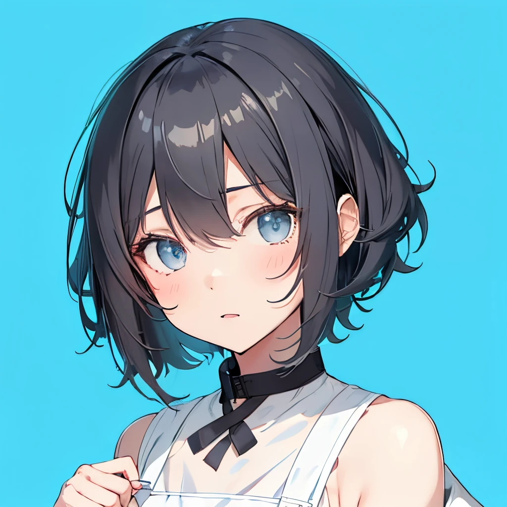 【Highest Quality, masutepiece】 [1 girl in, Manteau, expressioness, turquoise Eyes, front facing, Jet-black hair,straight haired, Bery short hair ,Cafe Apron] (Gray white background:1.5),