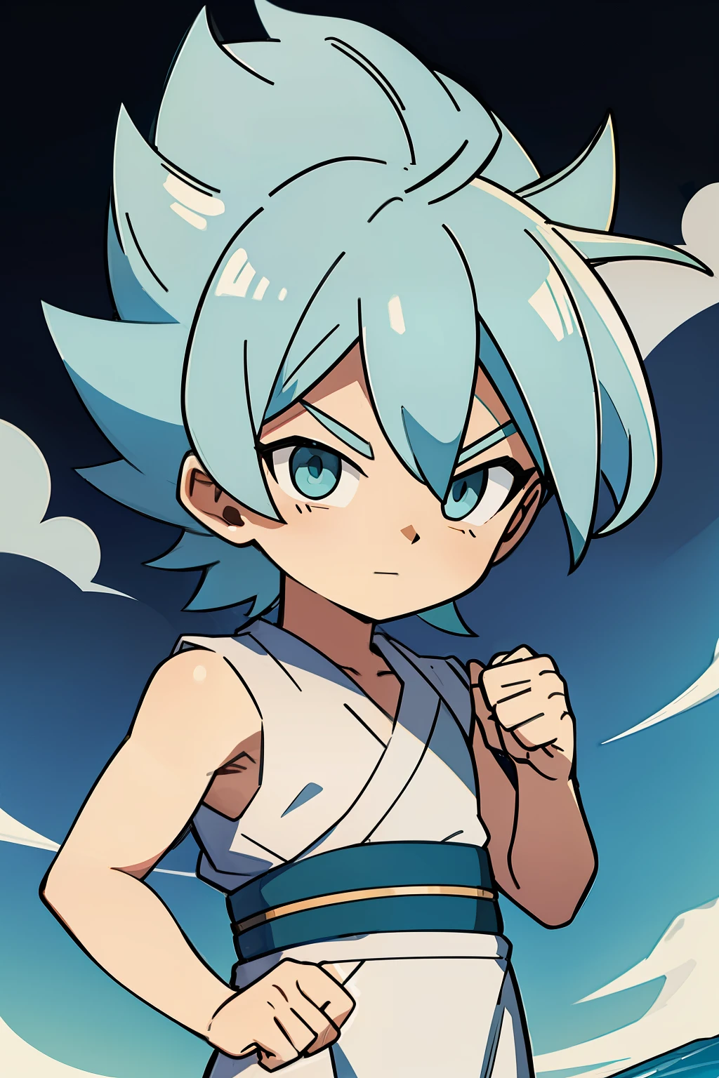 (high-quality, breathtaking),(expressive eyes, perfect face) 1boy, male, solo, , chibi, toddler, medium ue hair, green coloured eyes, stylised hair, gentle smile, medium length hair, loose hair, side bangs, curley hair, really spiky hair, spiked up hair, looking at viewer, portrait, ancient greek clothes, blue black and white tunic, white Chlamys, sleeveless, greek, blue and gold sash, ocean background, laurel accessory, slightly narrow eyes, masculine face, masculine eyes, baby face, baby bo body, smalad, 36½ inches tall, chibi art style, 6 years old