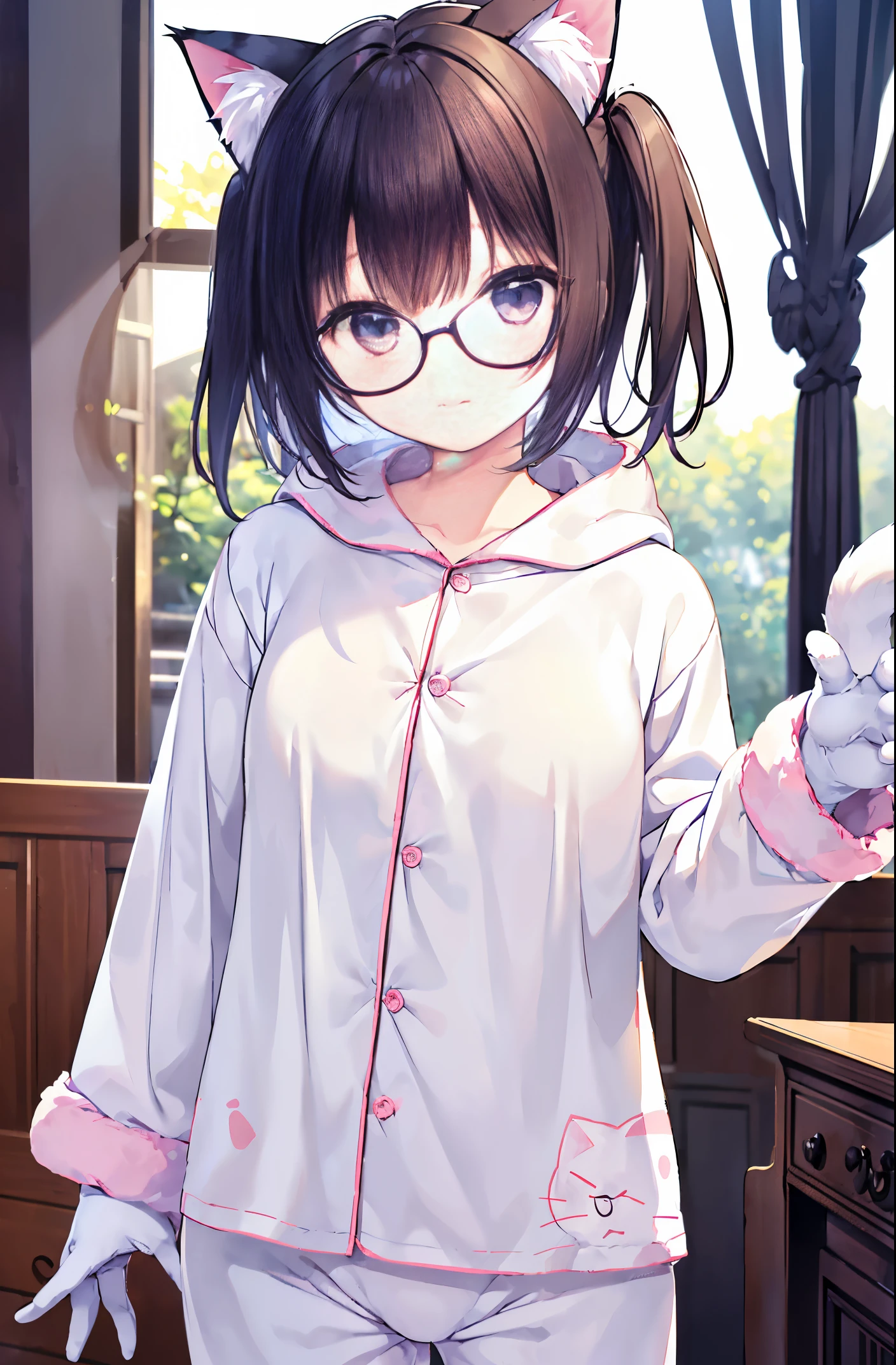 (masutepiece, Best Quality, Capture super cute moments, depth of fields, ultra-detailliert, Ultra High Resolution, C4D, Octadale, 3D Modeling, 8K, 16 K, one girls、a junior high school student、A dark-haired、short-hair、straight haired、Light brown eyes,hair adornments、wearing black glasses、Cute face)、on the beds、sleep、s Pajamas