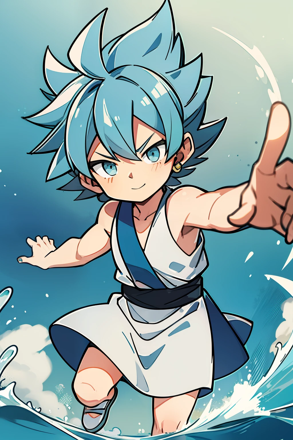 (high-quality, breathtaking),(expressive eyes, perfect face) 1boy, male, solo, young kid, child, chibi, toddler, medium blue hair, green coloured eyes, stylised hair, gentle smile, medium length hair, loose hair, side bangs, curley hair, really spiky hair, spiked up hair, looking at viewer, portrait, ancient greek clothes, blue black and white tunic, white Chlamys, sleeveless, greek, blue and gold sash, ocean background, laurel accessory, slightly narrow eyes, masculine face, masculine eyes, baby face, baby body, small body, small head, 36½ inches tall, chibi art style, 6 years old