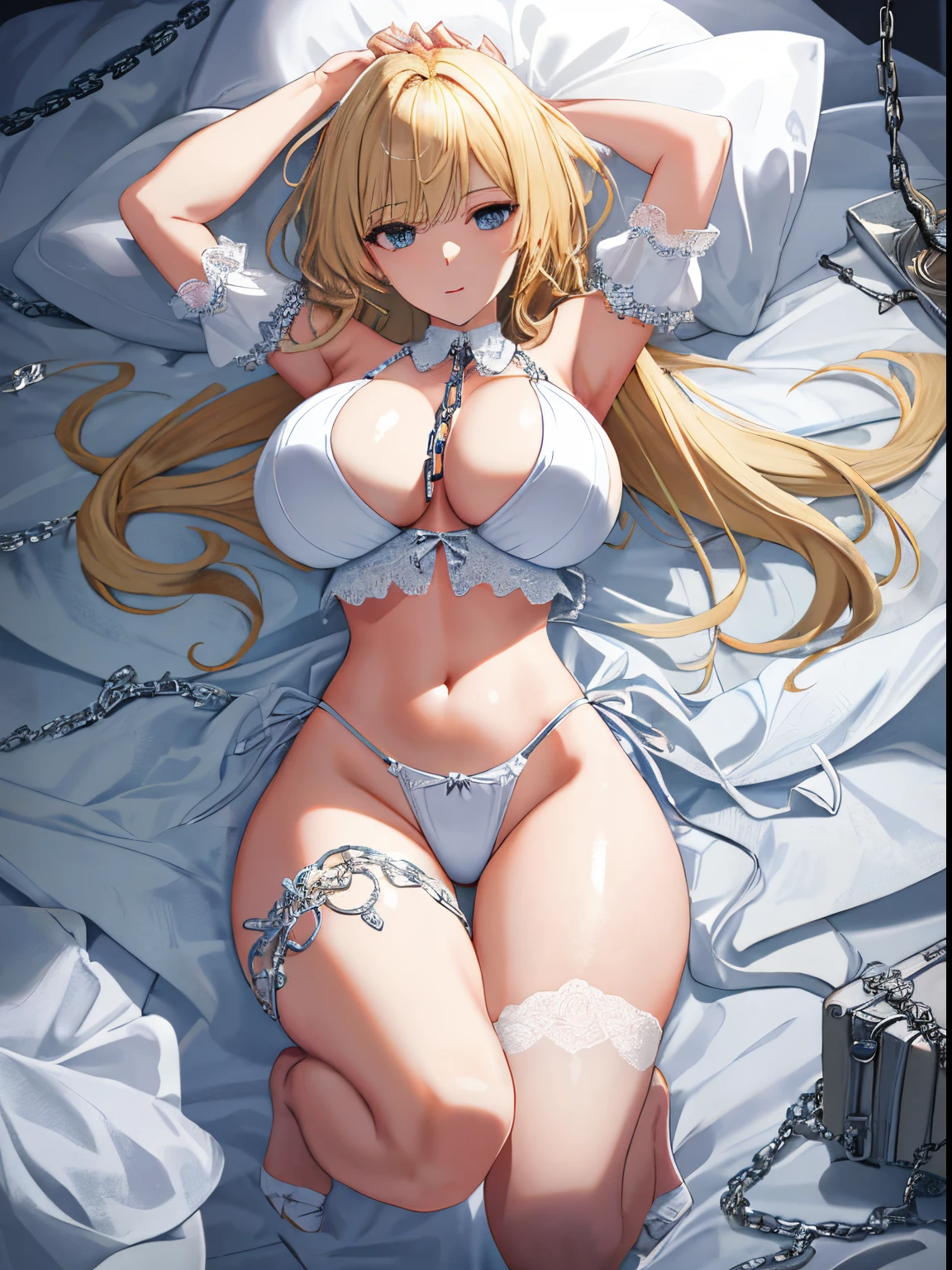 1girl, blonde, sexy, big boobs, lingerie, white liquid in body, white liquid, deeproath, prostitute, chain, full body, open legs, prisoner, sigh, lying