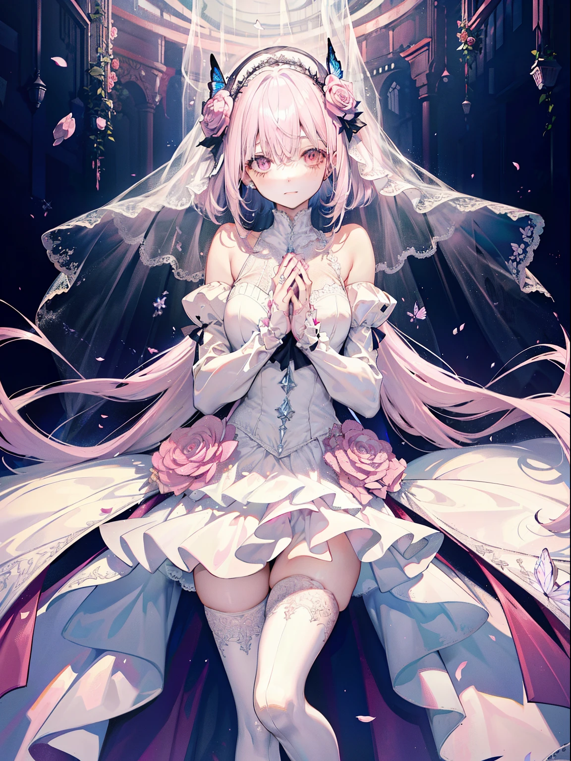 silber hair,butterflys,Long grey hair,Light pink wedding dress,8k wallpaper,detailedbackground,Highest high resolution,Deep V Big,Hair covering one eye,Bandeau Wedding Dress,chies,white rose and light pink rose,tight fitted,Stockings,(((perfect and cute hands)))