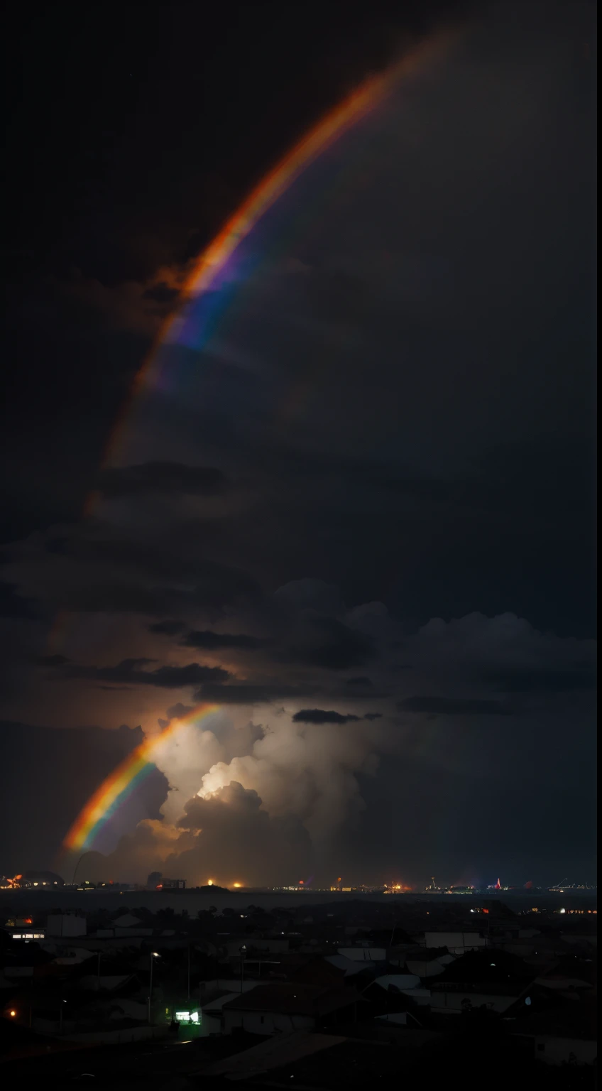 Crie uma imagem de um aviao em uma grande tempestade mas ao mesmo tempo ensolarado. Add a rainbow long enough to see. Traga cores realistas a imagem