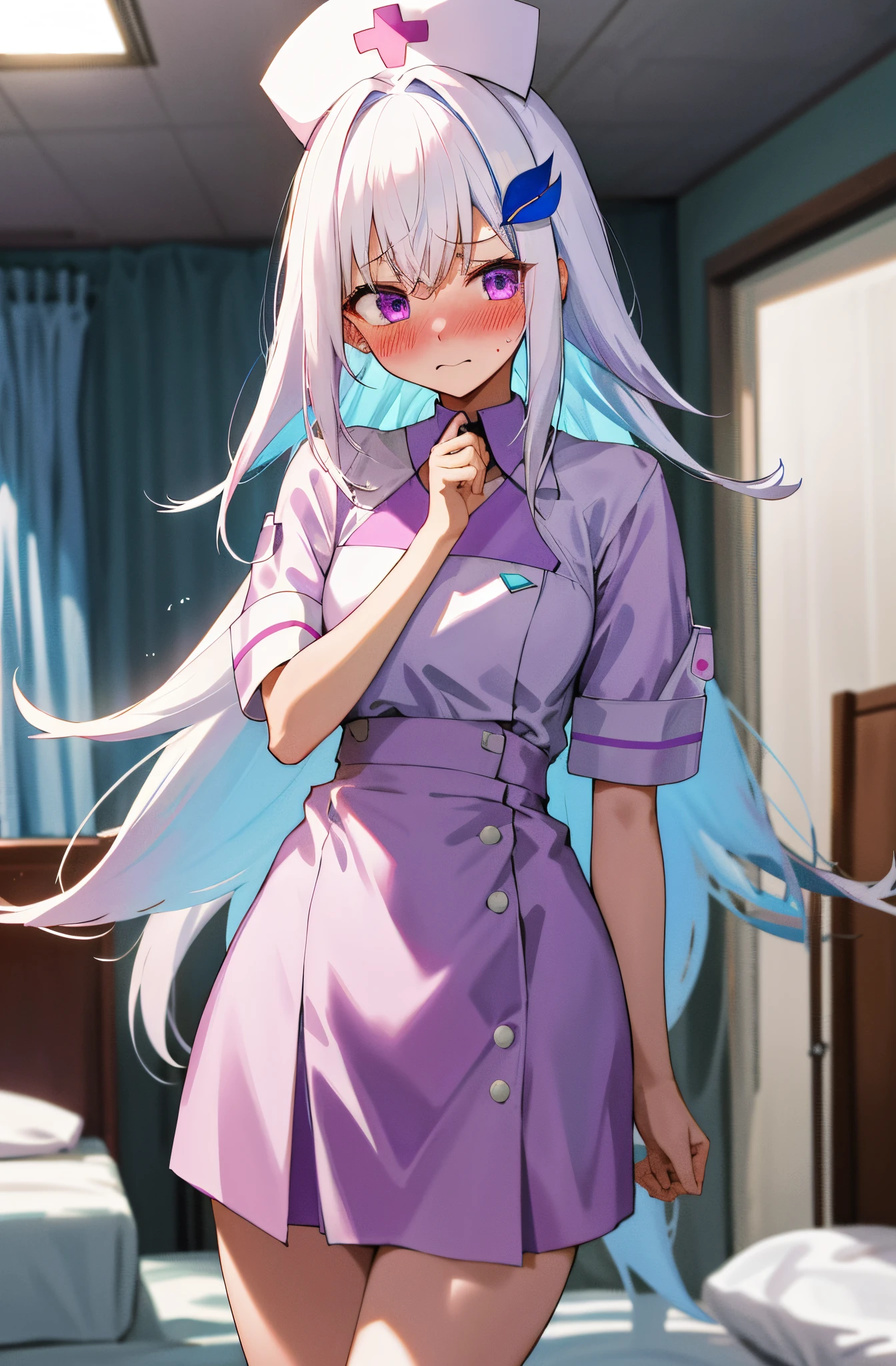 One girl with long hair, bangs, white hair, banglue inner hair:1.25) , purple eyes, looking at viewer, blushing, embarrassed, (embarrassed:1.2), white nurse, nurse hat, indoor, bedroom, slim, dizzy, mid-chest, wide hips, perfect waist, day atmosphere, hair ornament, standing,