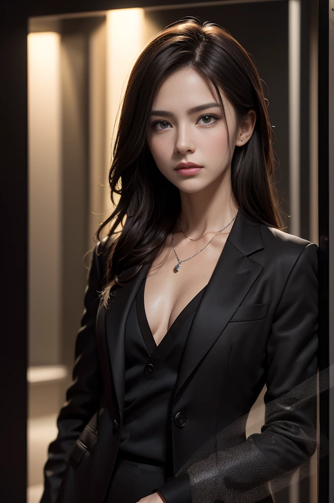 (Photoreal Stick:1.5, masutepiece:1.5, 8K), (top-quality, masterpiece, 超A high resolution), Professional camera work:1.4, Highly detailed skin and facial texture:1.3, Mystical portrait, Grow Light Effect, Perfect dynamic composition, The ultra-detailliert, ((night view at night)), (Dark atmosphere:0.6, Reflected light from the glass shines in:0.8), (V-neck shirt:0.5, Black Tailored Suit, Suit jacket), Model body type, Clear face, Detailed hand, Beautiful and detailed eyes, (Enraptured look:0.7, i love you completely:0.7), A mouthfeel that feels beautiful eros, Dark brown medium hair, Small breasts, a necklace