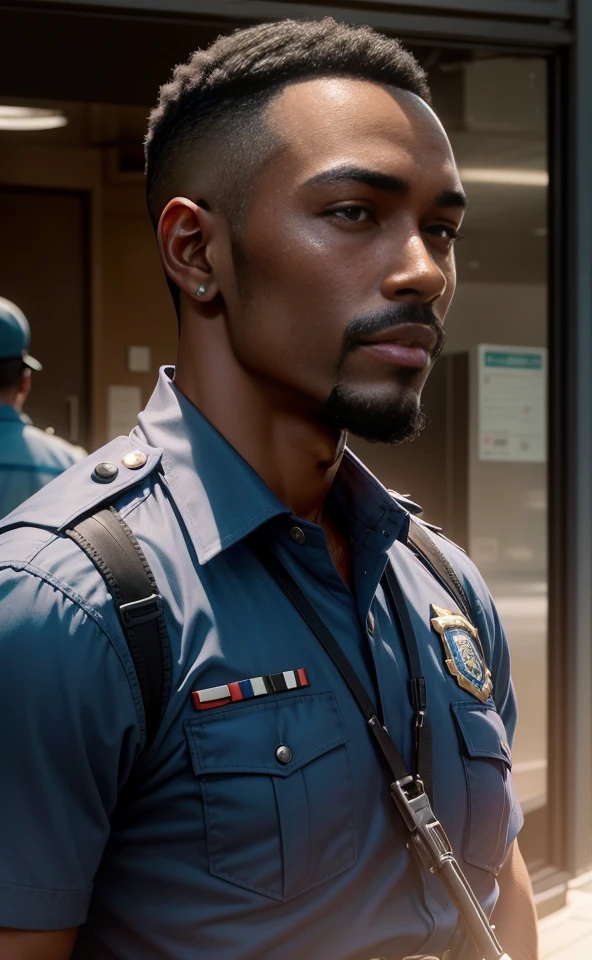 Dark skin, black, police man, mid 40s, short hair,