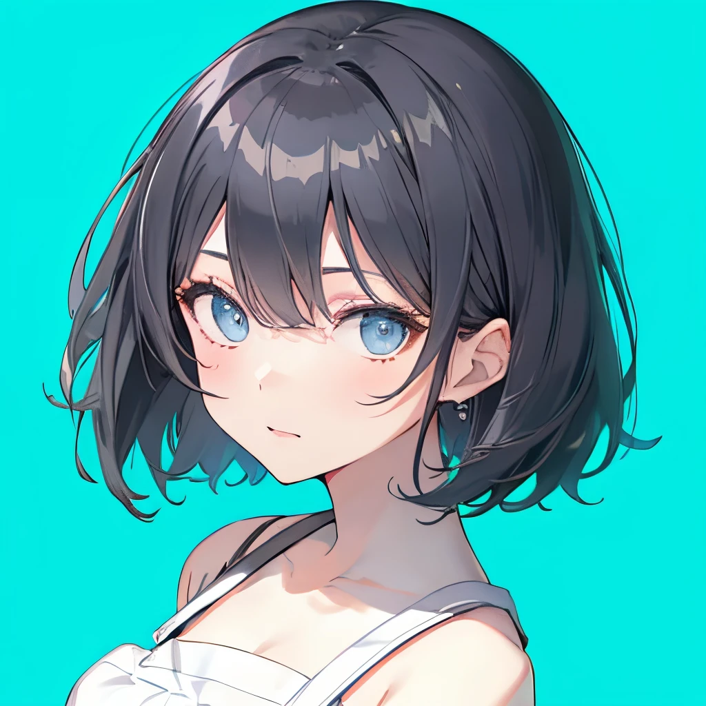 【Highest Quality, masutepiece】 [1 girl in,expressioness, turquoise Eyes, front facing, Jet-black hair,straight haired, Bery short hair , black Cafe Apron] (Gray white background:1.5),