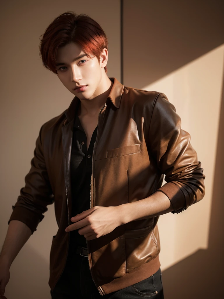 a handsome,Young men, Realistic and exactly the same short red hair , realistic outfit ,Realistic light, realistic shadow, Realism, Hyper realistic,(Photorealistic:1.2), normal small eyes