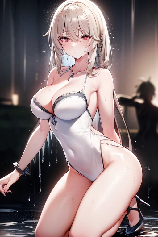 1girls, arms behind back, rain, seductive, (4K,realistic,highres,absurdres,masterpiece:1.2),((cinematic lumination)),deep depth of field,charming face,bloom,medium breasts,(smiling:0.6),young female, looking at the viewer, white skin, ((slim, skinny)), ((wet skin, sweat)), high heels, red eyes,Kneeling,ahegao,