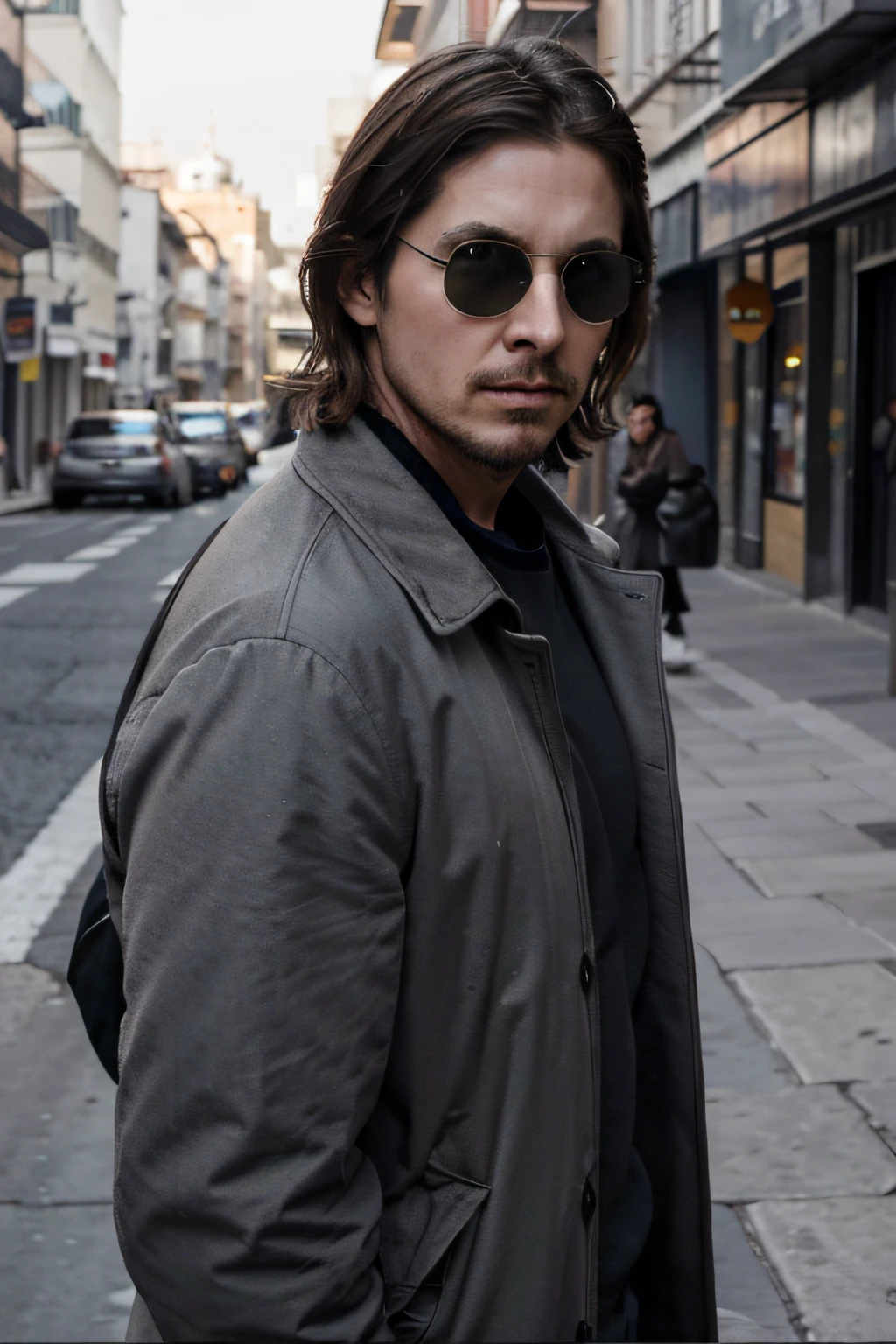 hombre joven muy similar al actor christian bale sin barba, mirando al horizonte en medio de una ciudad. lentes de sol. viste un abrigo color gris claro. lleva el cabello corto.