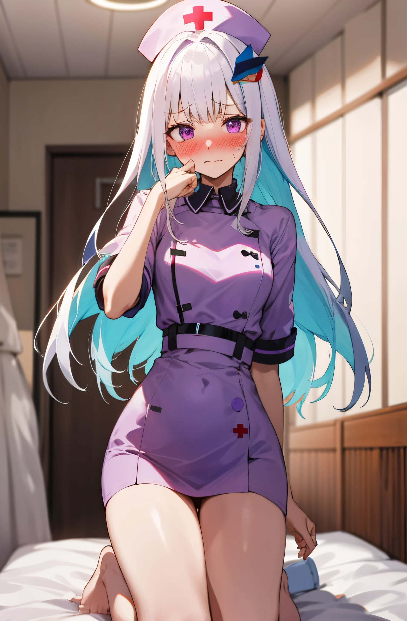 A beautiful woman. Vibrant yellow eyes. Long fluffy hair with bangs. White eyelashes. Smiling playfully. Black shirt. One person. White hair. nurse, nurse cap, white wear, ((white legwear, zettai ryouiki)), white gloves,  standing, ((hospital room)), sharp outline, short sleeves, best quality, masterpiece