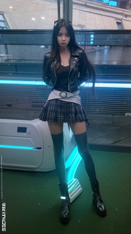 Long red hair, young beautiful face, serious face, arms behind back, dark red jacket, black shirt with white edge, black and white plaid skirt with belt wrapped around body, black stockings, red short boots
