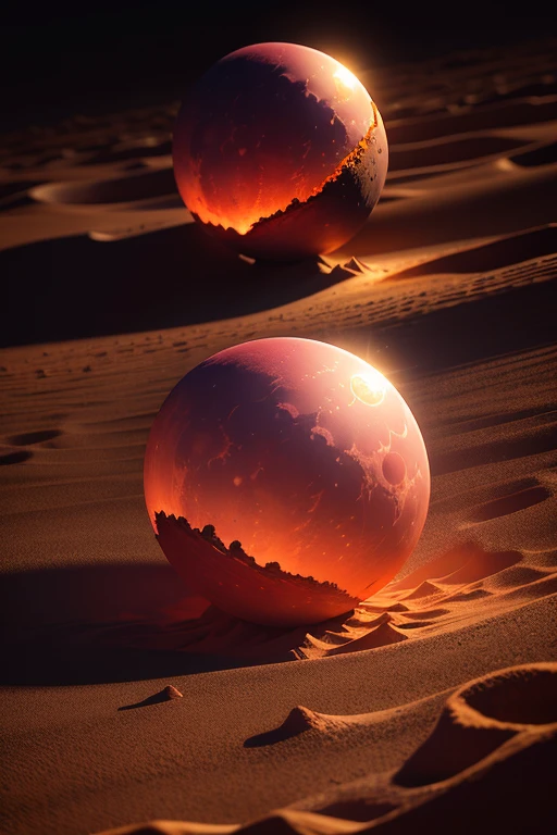 7Golden ball、moon scene,Red moonlight,ground texture,Photorealsitic,hyper HD,Volumetriclighting,Rich details,surreal reflection mapping,intense light and shadow,Vacant land,the moon'The light shines on the ball diagonally、ball being launched