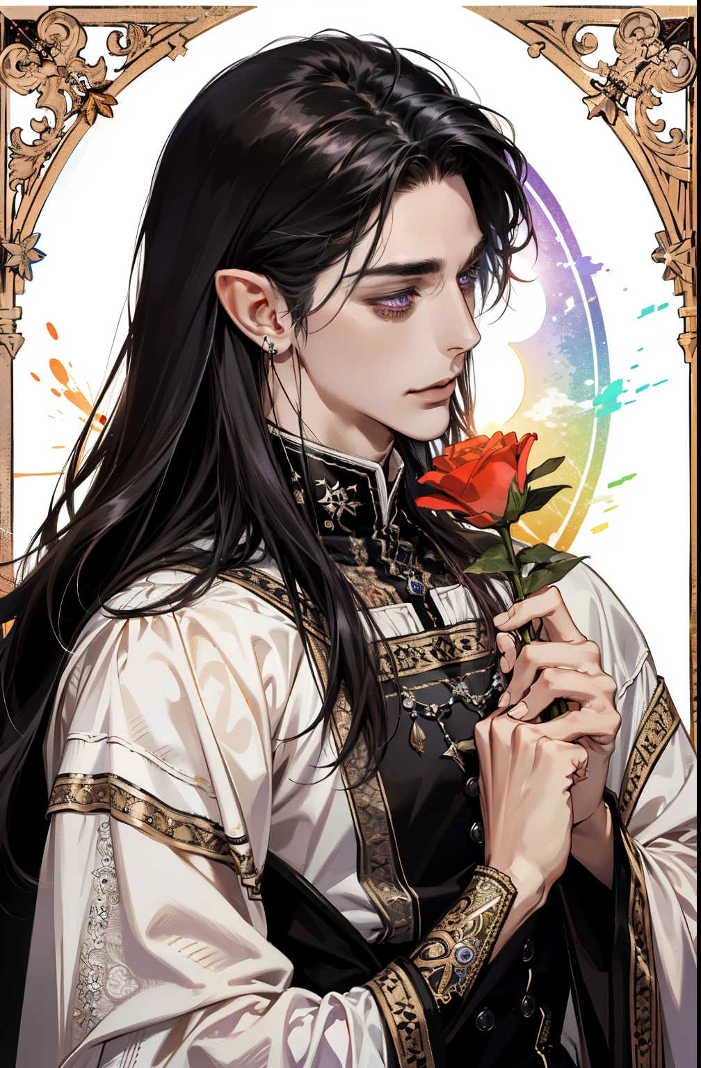 (absurdress, hight resolution, Ultra Detailed), 1 male, , a handsome, tall muscular guy, wide shoulders, Finely detailed eyes and detailed face, red long hair color, Fantasy, Complex pattern, Detailed Face, lens flare, Colorful, Black clothes, bracelets and accessories, prism,, Particles, bloom, loves to celebrate and have fun, Enjoys nature, Bright and gothic appearance, Creative & Adventurous Spirit, It represents happiness and harmony, elf ears, violet eyes