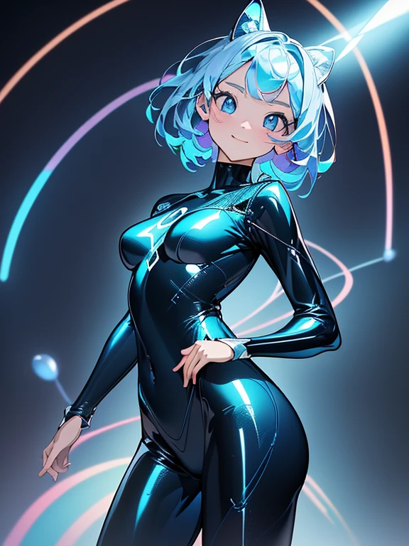 ((​masterpiece、top-quality:1.5、a high chroma:1.5、ultra-detailliert、high-resolution illustrations:1.5、Ultra-high-definition CG、8k size wallpaper、offcial art))、,(highly colorful:1.5),(front view:1.5),(1girl),(Cute little girl:1.5)、(Shining blue eyes:1.5),(Beautiful face:1.5,Beautiful eyes:1.5)、(close to viewer:1.5),
(forced smile:1.3)、(sexy body),(body suit:1.5), (Beautiful　body suit in every detail),(),(medium breasts:1.5),(Shining blue eyes:1.8)、(cowboy shot:1.5)、(rainbow trajectory:1.5), colourfull、