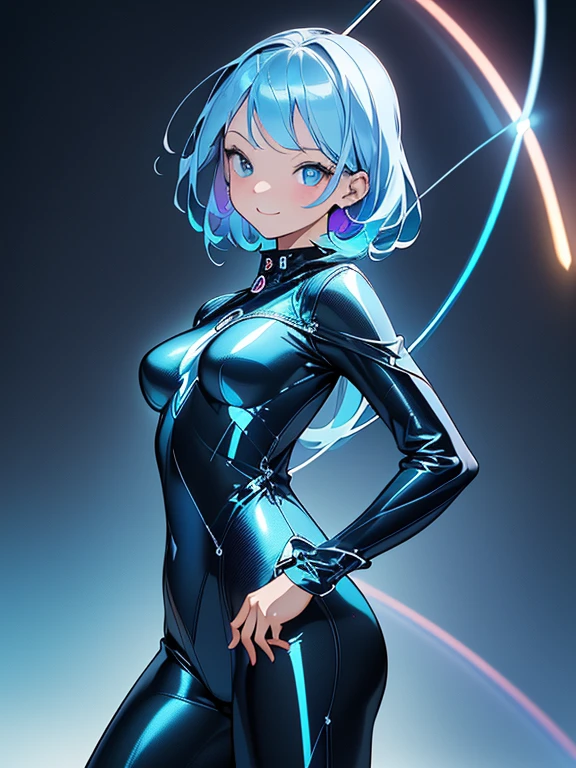 ((​masterpiece、top-quality:1.5、a high chroma:1.5、ultra-detailliert、high-resolution illustrations:1.5、Ultra-high-definition CG、8k size wallpaper、offcial art))、,(highly colorful:1.5),(front view:1.5),(1girl),(Cute little girl:1.5)、(Shining blue eyes:1.5),(Beautiful face:1.5,Beautiful eyes:1.5)、(close to viewer:1.5),
(forced smile:1.3)、(sexy body),(body suit:1.5), (Beautiful　body suit in every detail),(),(medium breasts:1.5),(Shining blue eyes:1.8)、(cowboy shot:1.5)、(rainbow trajectory:1.5), colourfull、