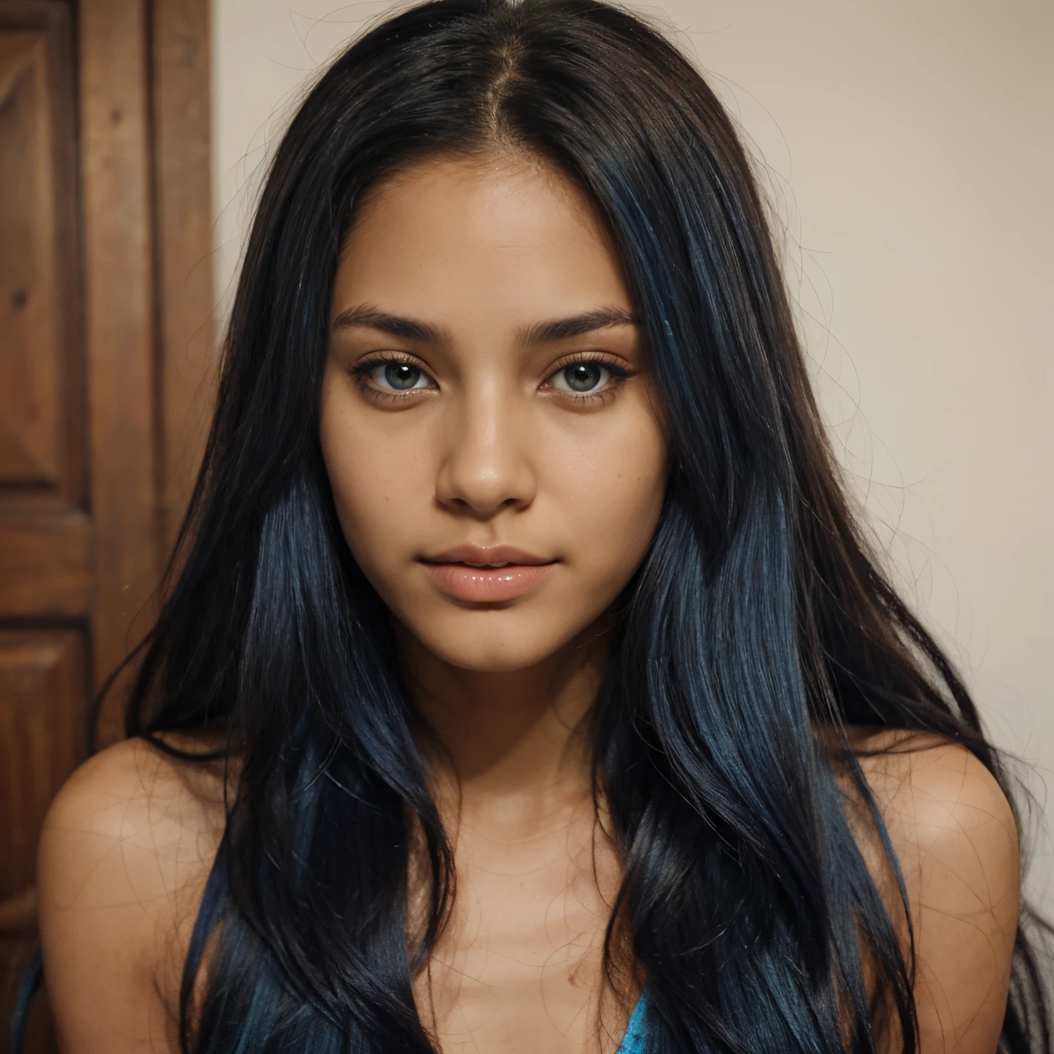 Latina, buetifull, tan skin, young, gorgeous, long blue hair, looking straight at camera, buetifull, close up of face,