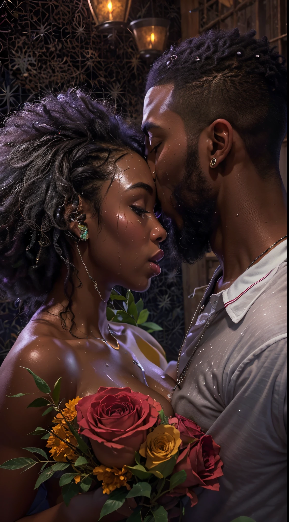 photorealistic, African American couple, kissing, beautiful, dark skin, sexy, (Best quality, 8k, 32k, Masterpiece, UHD), no bra, no shirt, naked, 32K wallpaper, romantic background, big ass, voluptuous, thick body figure, big lips, glowing skin, nighttime, candles and roses around, sweaty, dripping wet, passion, affectionate, hearts floating everywhere