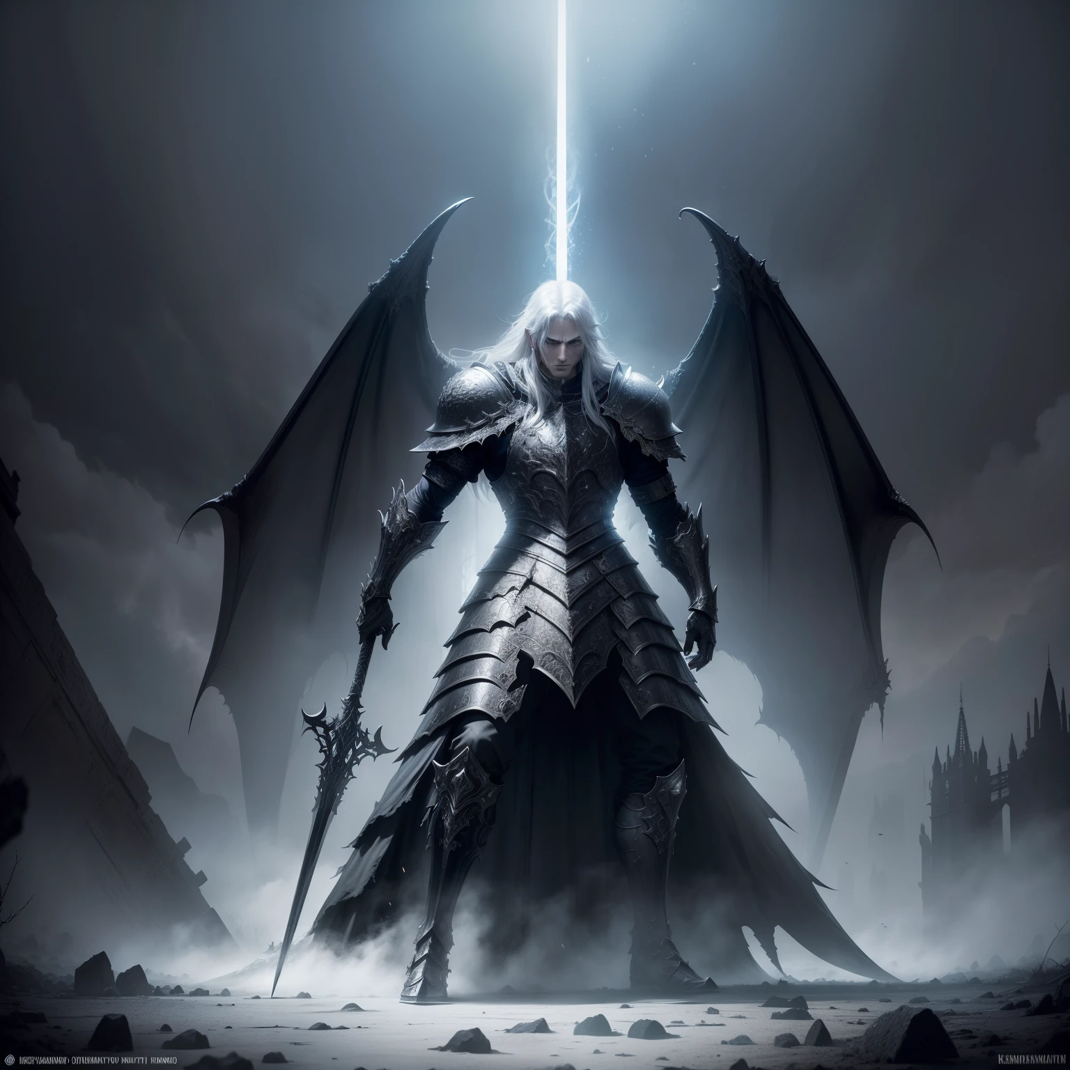 (a boy with long silver hair in Dark Souls 3 armor, inspired by Dark Souls, wielding the Dragon Slayer sword in the style of Berserk by Kentaro Miura), high quality, ultra-detailed, realistic:1.37, dark, atmospheric, cinematic, concept art, intense lighting, moody colors, epic battle, haunting, detailed environment, ancient ruins, gothic architecture, eerie atmosphere, intense emotions, powerful stance, dramatic pose, heroic, desolate landscape, menacing enemies, menacing creatures, epic boss fight, intricate armor design, ornate helmet, glowing eyes, intricate sword design, engraved with ancient symbols, mythical creatures, mysterious energy, intense aura, skilled warrior.