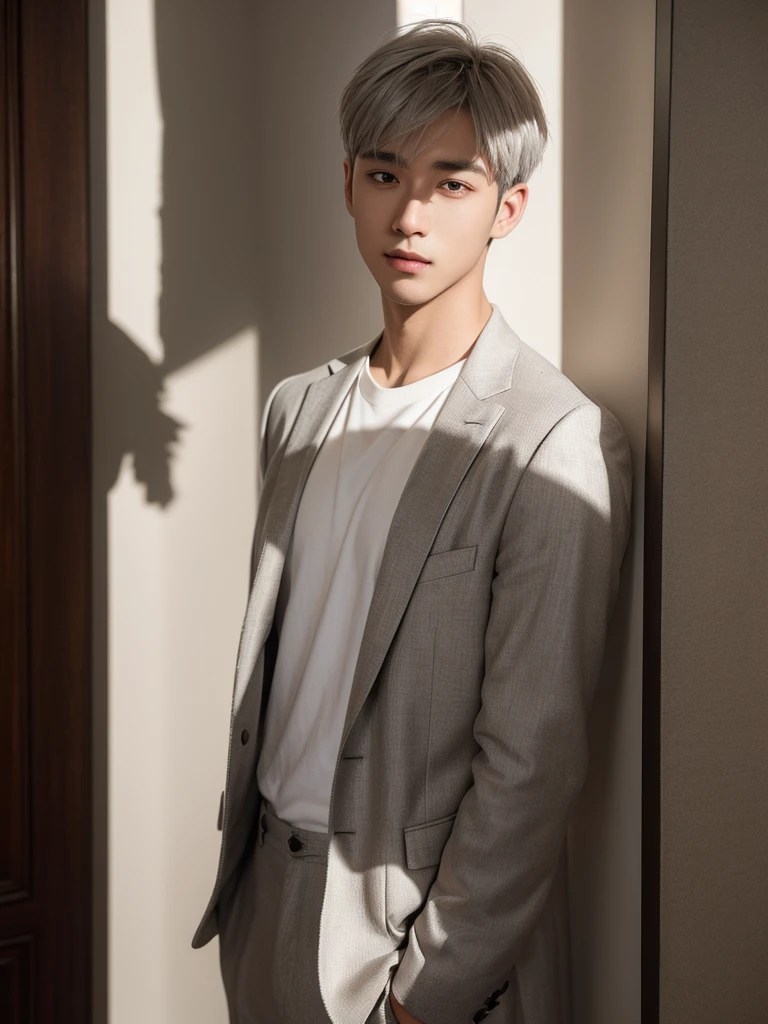 a handsome,Young men, Realistic and exactly the same short silver hair , realistic outfit ,Realistic light, realistic shadow, Realism, Hyper realistic,(Photorealistic:1.2), normal small eyes