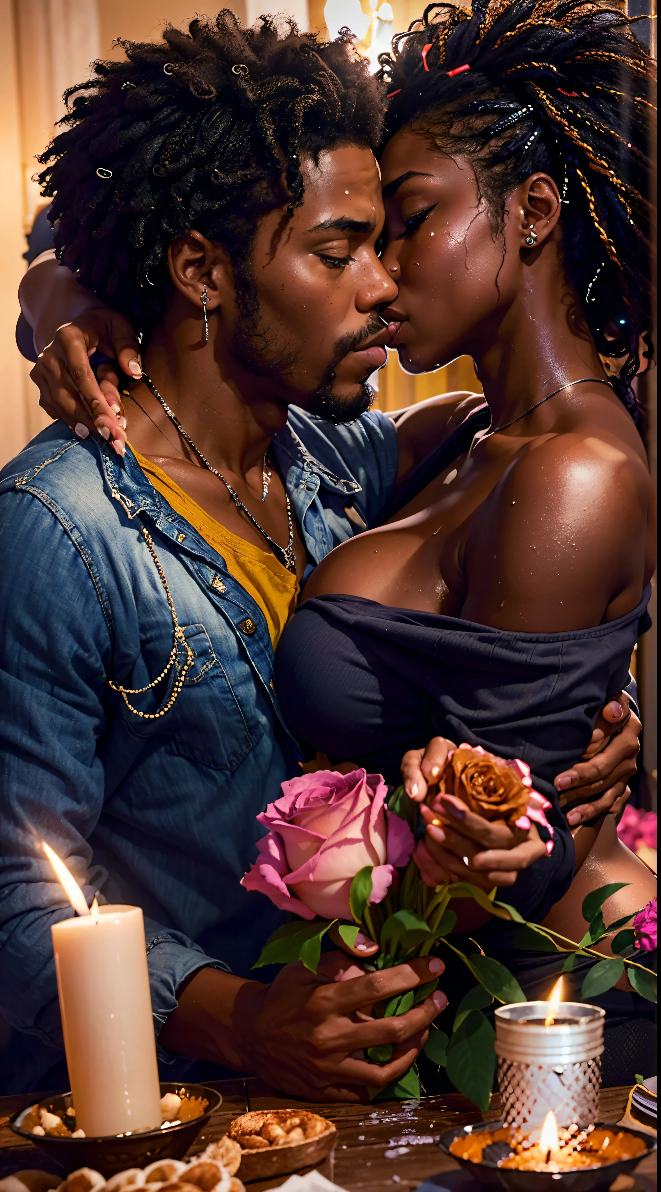 photorealistic, African American couple, kissing, beautiful, dark skin, sexy, (Best quality, 8k, 32k, Masterpiece, UHD), no bra, no shirt, naked, 32K wallpaper, romantic background, big ass, voluptuous, thick body figure, big lips, glowing skin, nighttime, candles and roses around, sweaty, dripping wet, passion, affectionate, hearts floating everywhere