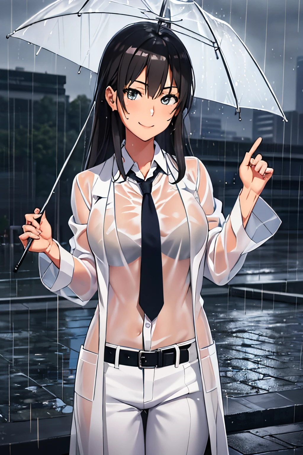 masterpiece, (best qulaity:1.3), 8K, wallpaper, depth of field, beautiful detailed eyes, (1girl, shizuka hiratsuka, grey eyes, (wet clothes, see-through:1.2), (white shirt), closed mouth, outdoors, (cityscape), (rain, grey sky:1.2), medium breasts, black pants, (labcoat:1.2), necktie, belt, looking at viewer, short sleeves, smile, smug)