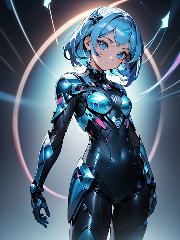 ((​masterpiece、top-quality:1.5、a high chroma:1.5、ultra-detailliert、high-resolution illustrations:1.5、Ultra-high-definition CG、8k size wallpaper、offcial art))、,(highly colorful:1.5),(front view:1.5),(1girl),(Cute :1.5)、(Shining blue eyes:1.5),(Beautiful face:1.5,Beautiful eyes:1.5)、(close to viewer:1.5),
(forced smile:1.3)、(sexy body),(body armor suit:1.5), (Beautiful　body armor suit in every detail),(),(medium breasts:1.5),(Shining blue eyes:1.8)、(cowboy shot:1.5)、(rainbow trajectory:1.5), colourfull、