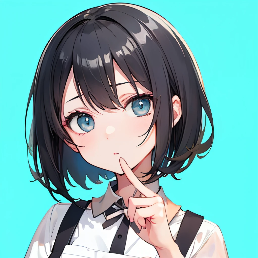 【Highest Quality, masutepiece】 [1 girl in,expressioness, turquoise Eyes, front facing, Jet-black hair,straight haired, Bery short hair , black Cafe Apron] (Gray white background:1.5),