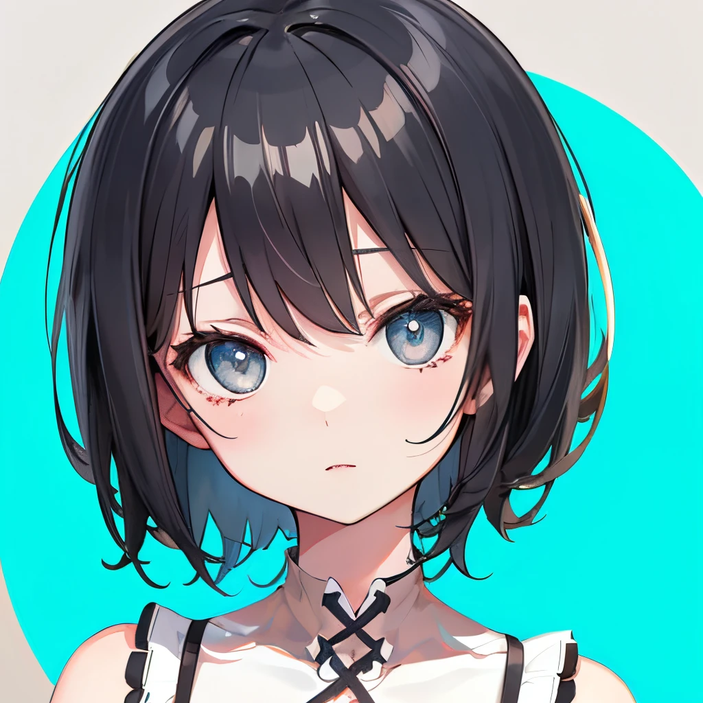 【Highest Quality, masutepiece】 [1 girl in,expressioness, turquoise Eyes, front facing, Jet-black hair,straight haired, Bery short hair , black Cafe Apron] (Gray white background:1.5),