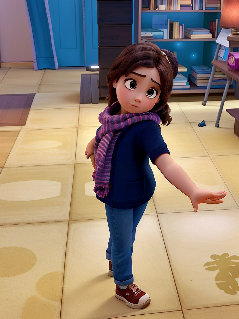 A girl standing in front, illuminated by the light of a lamp, Against the backdrop of a library, disney, pixar, calidad alta
