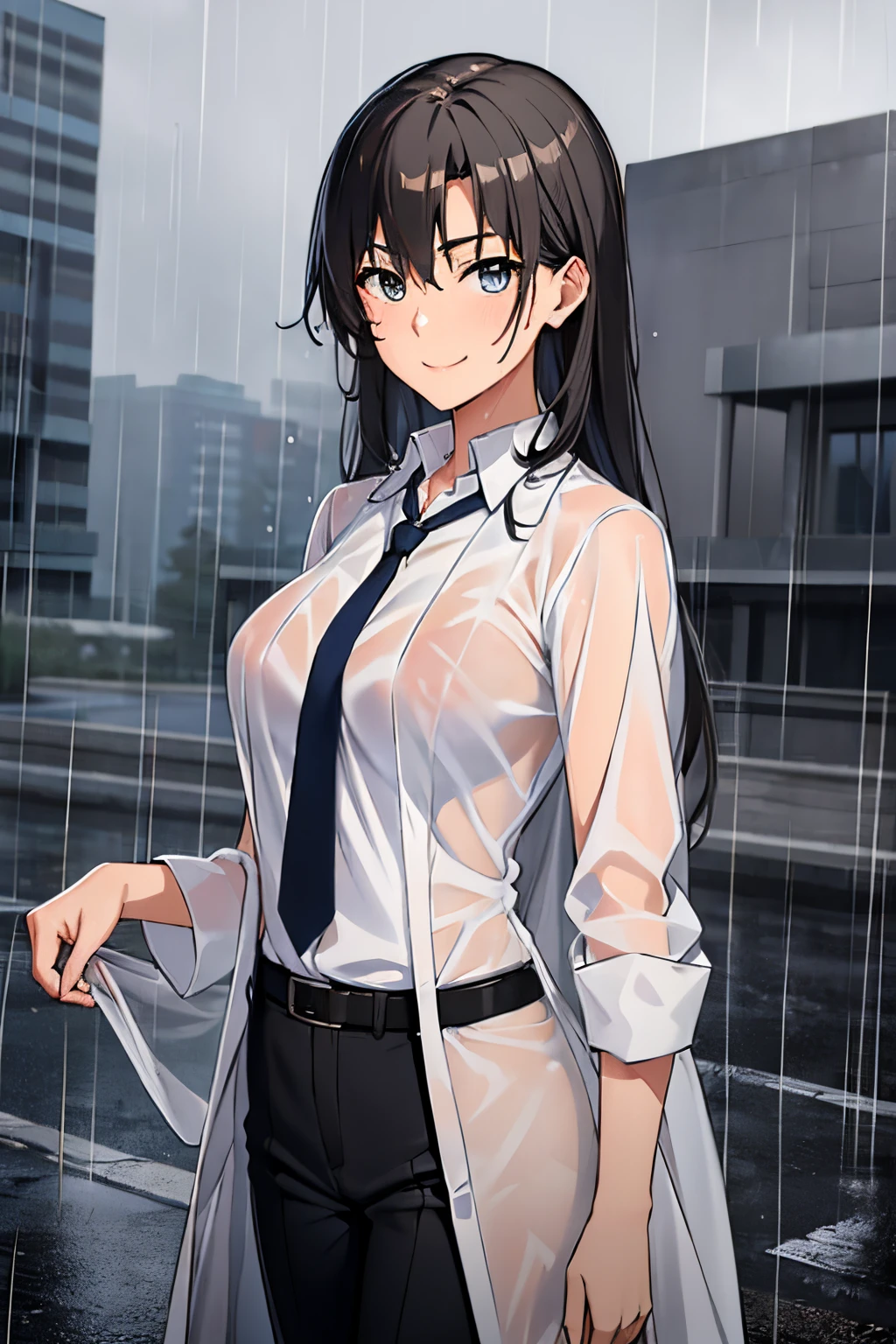 masterpiece, (best qulaity:1.3), 8K, wallpaper, depth of field, beautiful detailed eyes, (1girl, shizuka hiratsuka, grey eyes, (wet clothes, see-through:1.2), (white shirt), closed mouth, outdoors, (cityscape), (rain, grey sky:1.2), medium breasts, black pants, (labcoat:1.2), necktie, belt, looking at viewer, short sleeves, smile, smug)