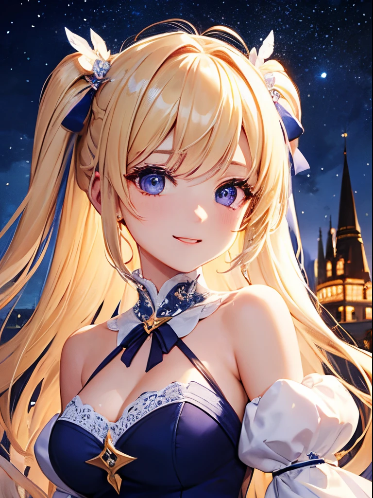 Beautiful blonde two side up hairstyle、Two-side-up、absurderes、Pure white dress、Emphasis on the chest、Blue ribbon、Very large and beautiful sapphire brooch、pretty young lady、Beautiful purple eyes like diamonds and a very beautiful big smile with great details、;D、beautiful and fine flowing hair、Delicate and beautiful hands、独奏、Super beautiful illustrations、Cute and beautiful, very detailed and beautiful face、castle balcony background、Fantastic starry sky with highly detailed detailed big full moon