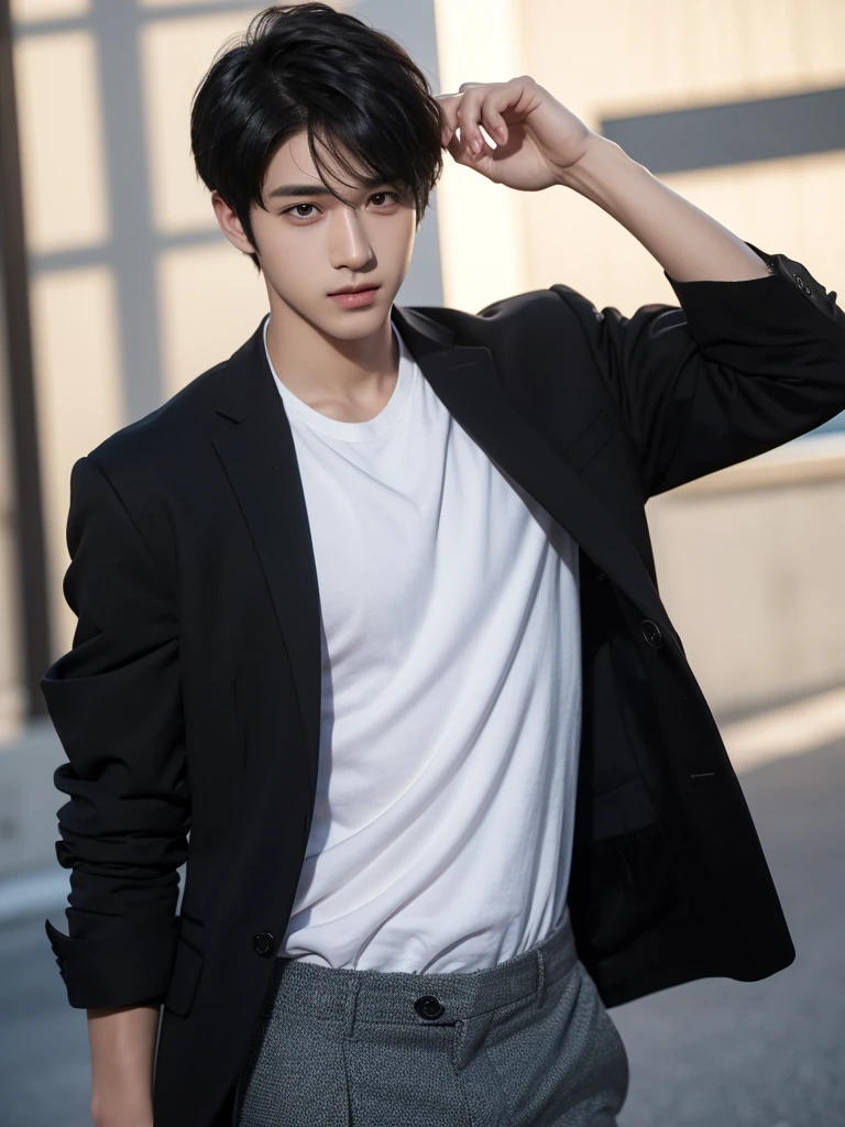 a handsome,Young men, Realistic and exactly the same short black hair , realistic outfit ,Realistic light, realistic shadow, Realism, Hyper realistic,(Photorealistic:1.2), normal small eyes