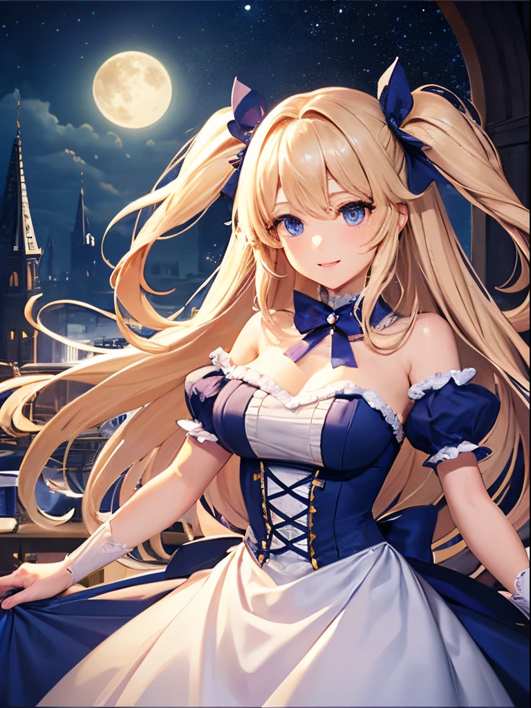 Beautiful blonde two side up hairstyle、Two-side-up、absurderes、Pure white dress、Emphasis on the chest、Blue ribbon、Very large and beautiful sapphire brooch、pretty young lady、Beautiful purple eyes like diamonds and a very beautiful big smile with great details、;D、beautiful and fine flowing hair、Delicate and beautiful hands、独奏、Super beautiful illustrations、Cute and beautiful, very detailed and beautiful face、castle balcony background、Fantastic starry sky with highly detailed detailed big full moon