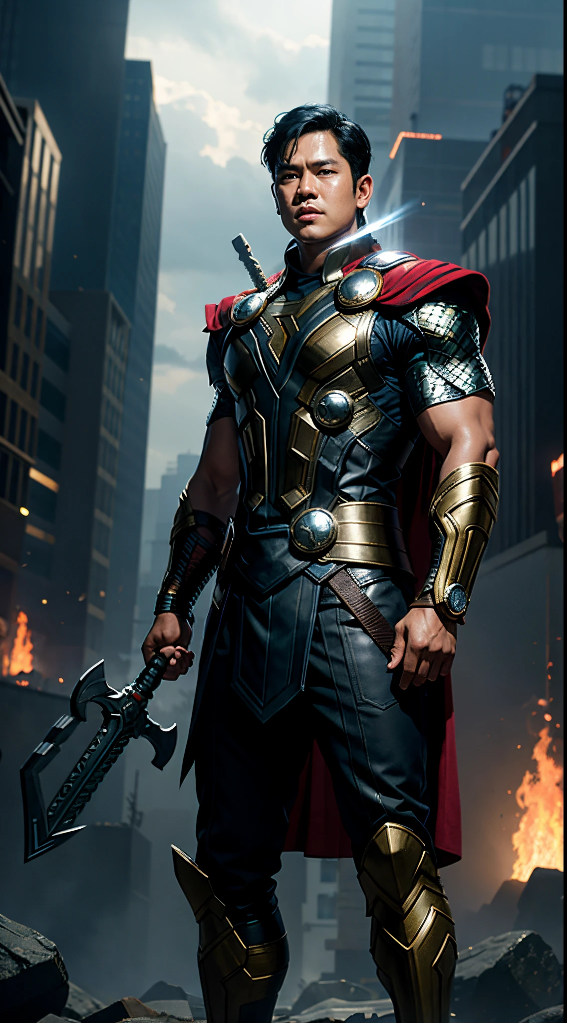 1 boy, a Prabowo Subianto as Thor,short hair , black hair,standing, half body, outdoor, dramatic lighting,cinematic, 8k wallpaper