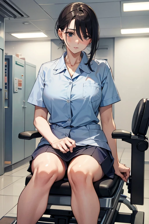 clerk uniform, cute round face, name plate, ID card, having tablet, ear monitor, headset mic, (whole body), pantyhose, pubic hair, close up crotch, lean to hit her crotch on counter edge, open legs, raise leg, open mouth, masturbation, ecstasy face, in the mall, glasses,