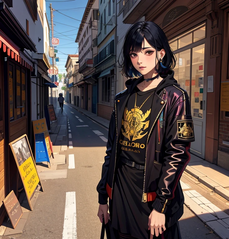 Obra maestra, alta calidad, Altas Resoluciones,absurdos, Detalle fino,Seguimiento de rayos,Manga,Anime coloring,cyberpunk,Edgerunners cyberpunk,1child,pelo corto,abrigo amarillo,Ropa suelta,sentada,Camino,Puerta,Ciudad,arte de Edward John Poynter