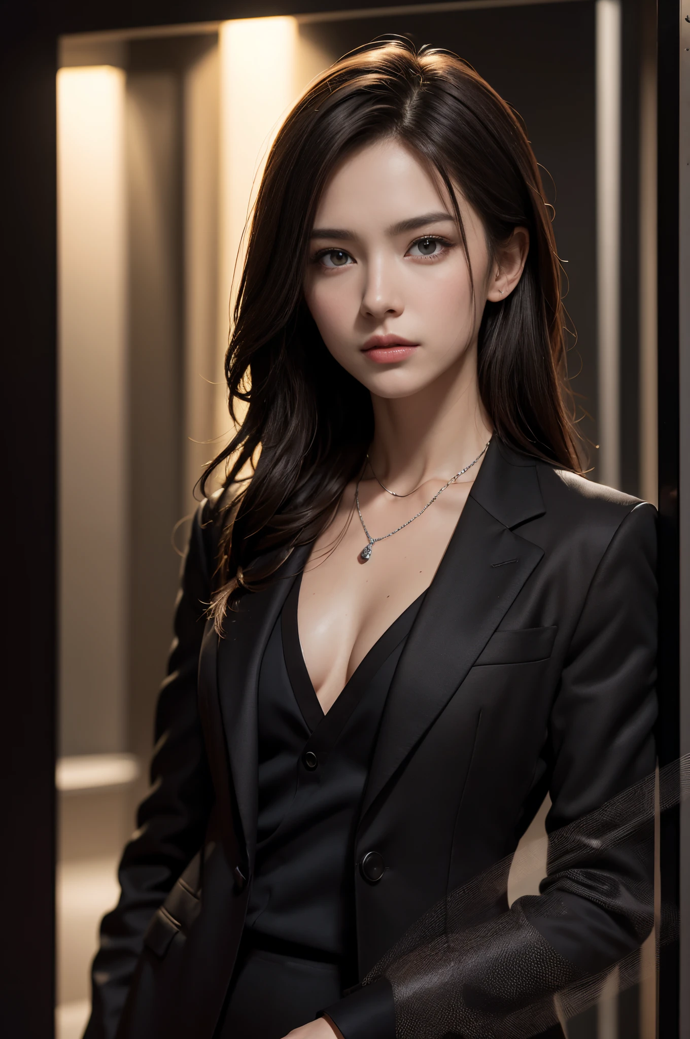 (Photoreal Stick:1.5, masutepiece:1.5, 8K), (top-quality, masterpiece, 超A high resolution), Professional camera work:1.4, Highly detailed skin and facial texture:1.3, Mystical portrait, Grow Light Effect, Perfect dynamic composition, The ultra-detailliert, ((night view at night)), (Dark atmosphere:0.6, Reflected light from the glass shines in:0.8), (V-neck shirt:0.5, Black Tailored Suit, Suit jacket), Model body type, Clear face, Detailed hand, Beautiful and detailed eyes, (Enraptured look:0.7, i love you completely:0.7), A mouthfeel that feels beautiful eros, Dark brown medium hair, Small breasts, a necklace