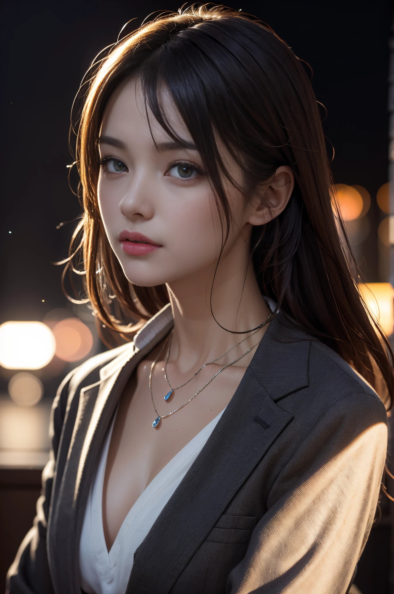 (Photoreal Stick:1.5, masutepiece:1.5, 8K), (top-quality, ​masterpiece, 超A high resolution), Professional camera work:1.4, Highly detailed skin and facial texture:1.3, Mystical portrait, Grow Light Effect, Perfect dynamic composition, The ultra-detailliert, (V-neck shirt:0.5, Black Tailored Suit, Suit jacket), Model body type, Clear face, Detailed hand, Beautiful and detailed eyes, (Enraptured look:0.7, i love you completely:0.7), A mouthfeel that feels beautiful eros, Dark brown medium hair, Small breasts, a necklace, ((night view at night)), (Dark atmosphere:0.6, Reflected light from the glass shines in:0.8)