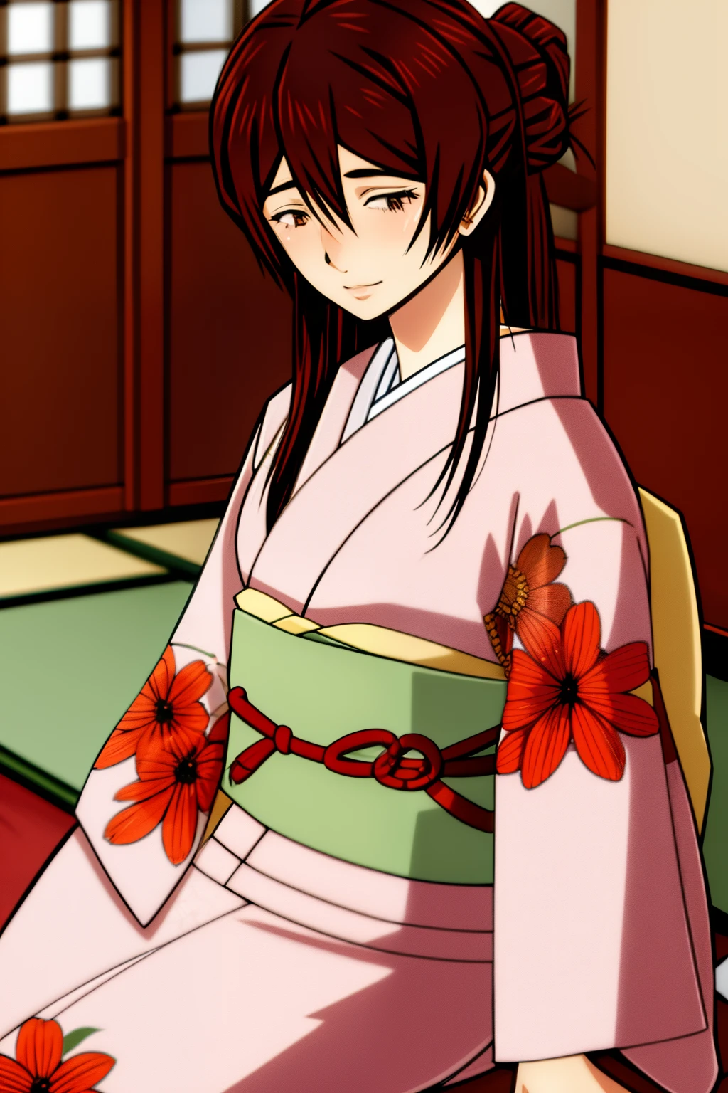 Anime FDH, wearing a kimono, bedroom,