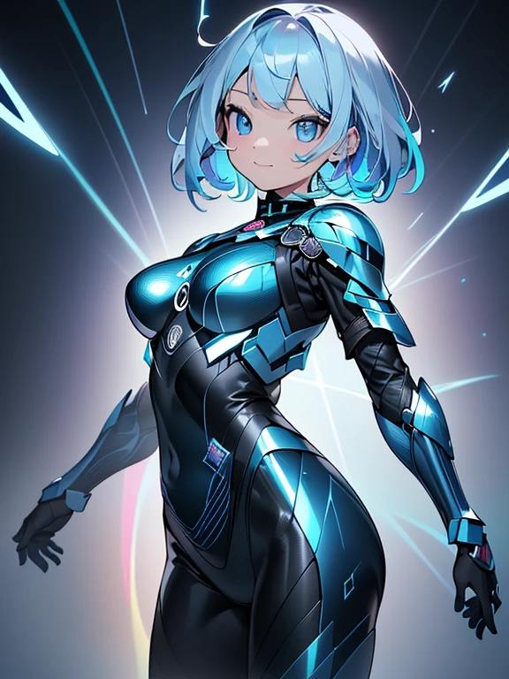 ((masterpiece、top-quality:1.5、a high chroma:1.5、ultra-detailliert、high-resolution illustrations:1.5、Ultra-high-definition CG、8k size wallpaper、offcial art))、,(highly colorful:1.5),(front view:1.5),(1girl),(Cute little girl:1.5)、(Shining blue eyes:1.5),(Beautiful face:1.5,Beautiful eyes:1.5)、(close to viewer:1.5),
(forced smile:1.3)、(sexy body),(body armor suit:1.5), (Beautiful body armor suit in every detail),(face armor:1.5),(medium breasts:1.5),(Shining blue eyes:1.8)、(cowboy shot:1.5)、(Rainbow colored light trajectory:1.5), colourfull、
