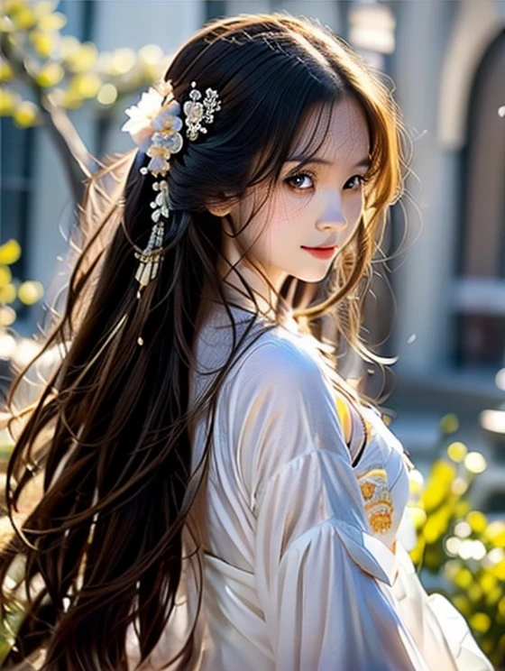 A woman in a white dress holds a sword in the crowd, royal palace , a girl in hanfu, Flowing hair and long coat, beautiful character painting, by Yang J, Anime girls with long hair, guweiz, Holding a sword on her shoulder., Female anime characters, She's holding a katana., artwork in the style of guweiz, realistic ,hight detail, hight eyes detail ,hight definition, 8k.