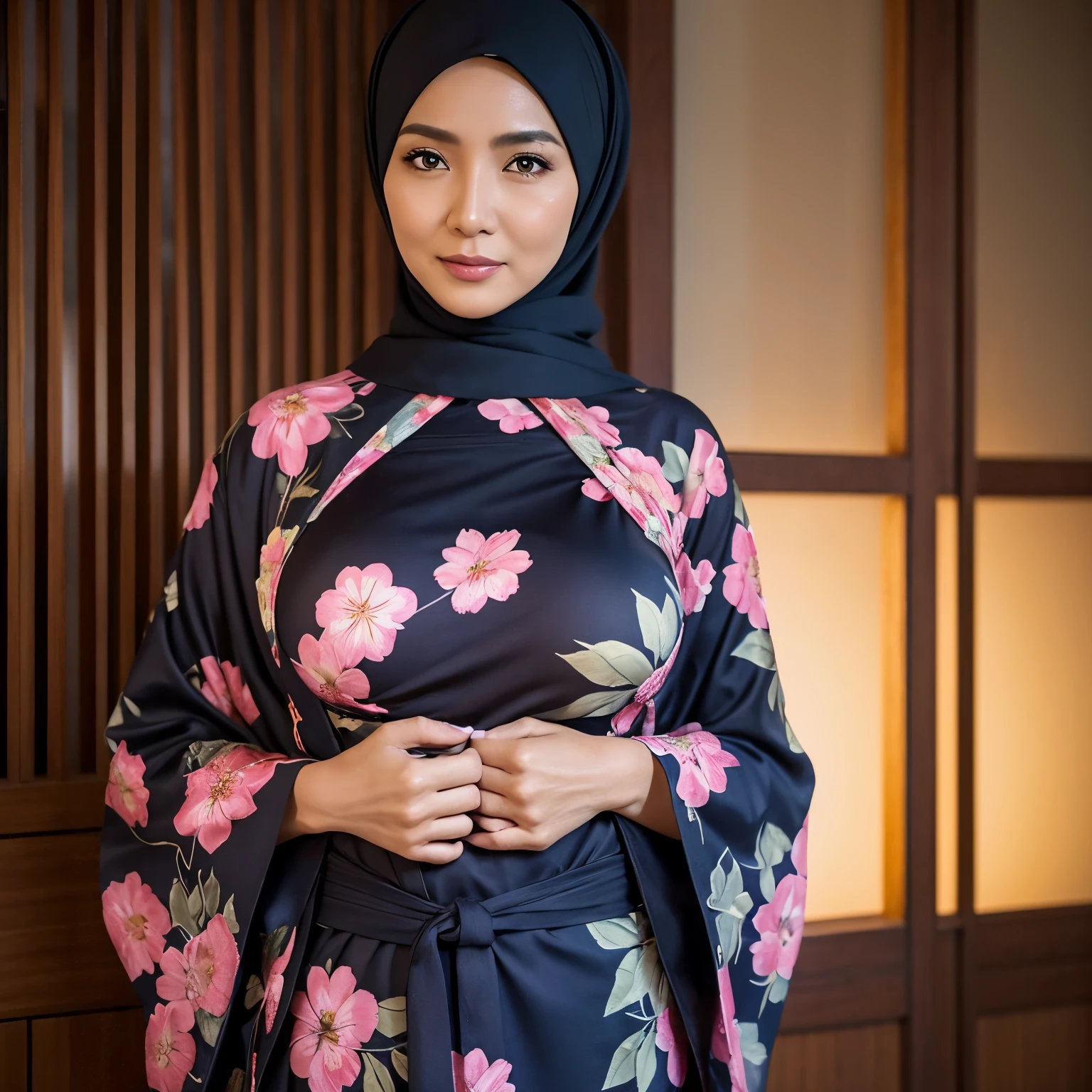 54 years Old, Hijab Indonesian mature woman, Big Tits, Yukata, Slim body, Breast about To burst out, at doctor office, Dark light, at Nighttime