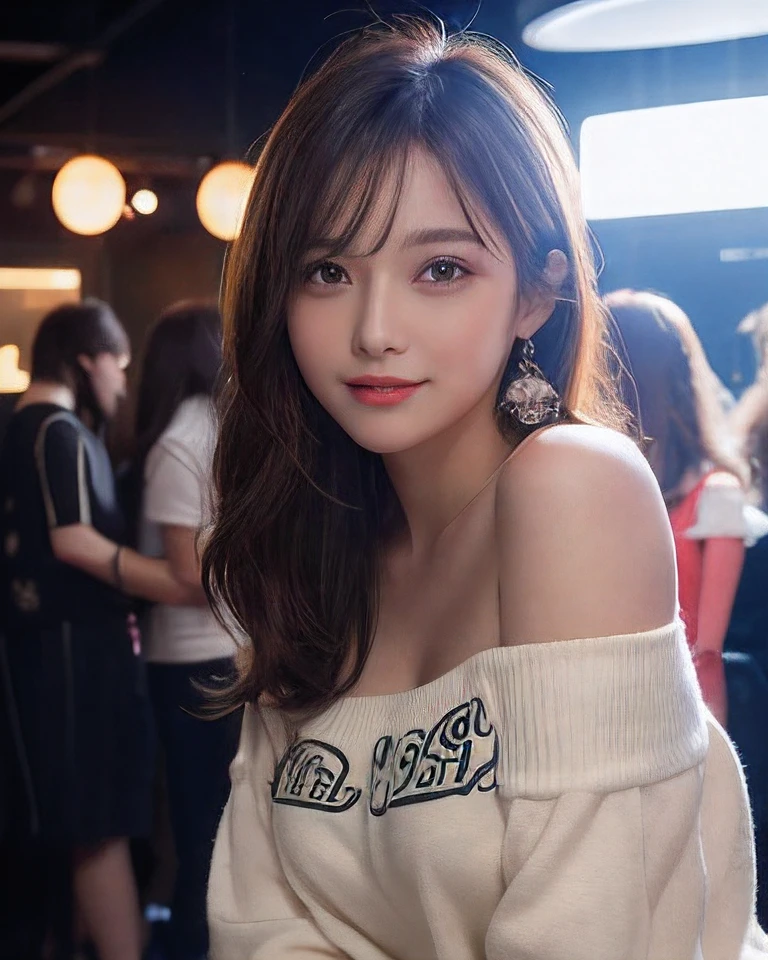 masutepiece, Best Quality, Illustration, Ultra-detailed, finely detail, hight resolution, 8K Wallpaper, Perfect dynamic composition, Beautiful detailed eyes, Off-shoulder t shirt and mini shorts,Bob Hair, mid-chest, Natural Color Lip, Random and sexy poses,Smile,20 years girl Colossal tits、nightclub、